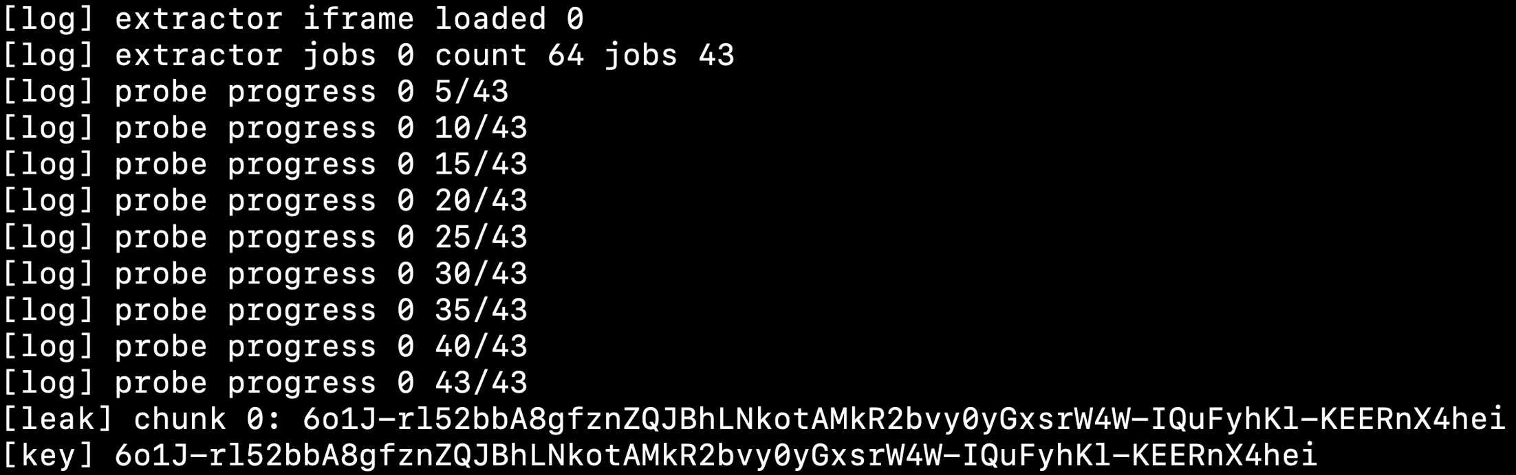 Archive oracle logs showing 43 probe jobs for a 64-character secret